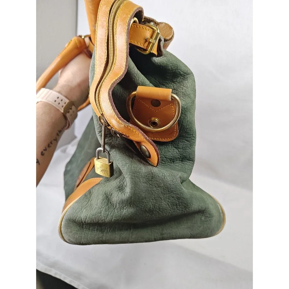 Vintage NAPOLI Finest Leather Duffel Bag Two Tone Green Tan Carry On Weekender
